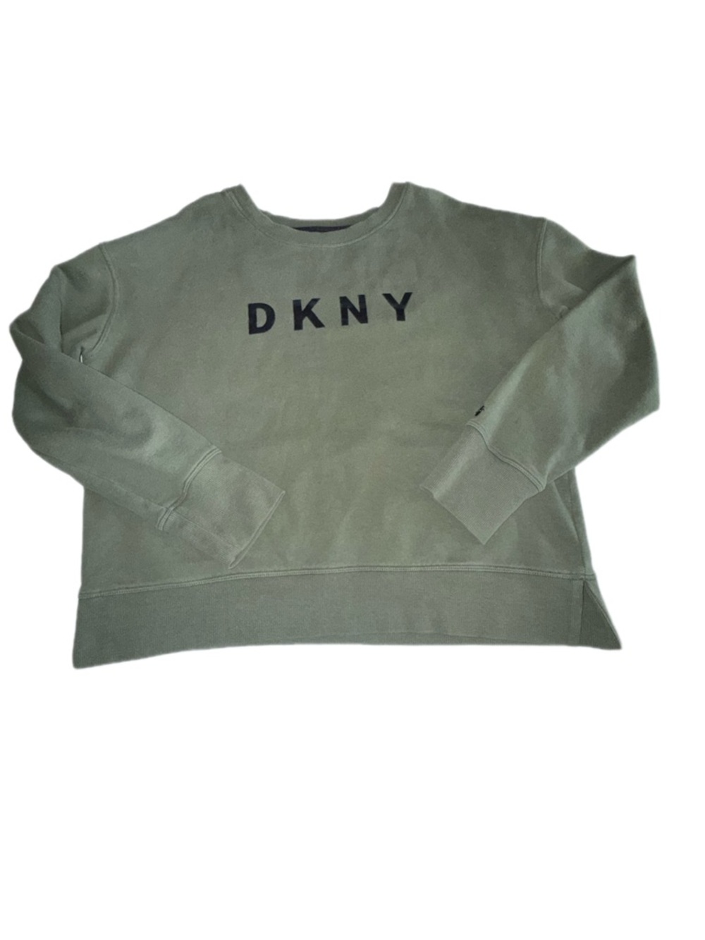 DKNY Sport Olive Green Logo Crewneck Sweatshirt Women’s Large Side Slit Hem - Picture 2 of 8
